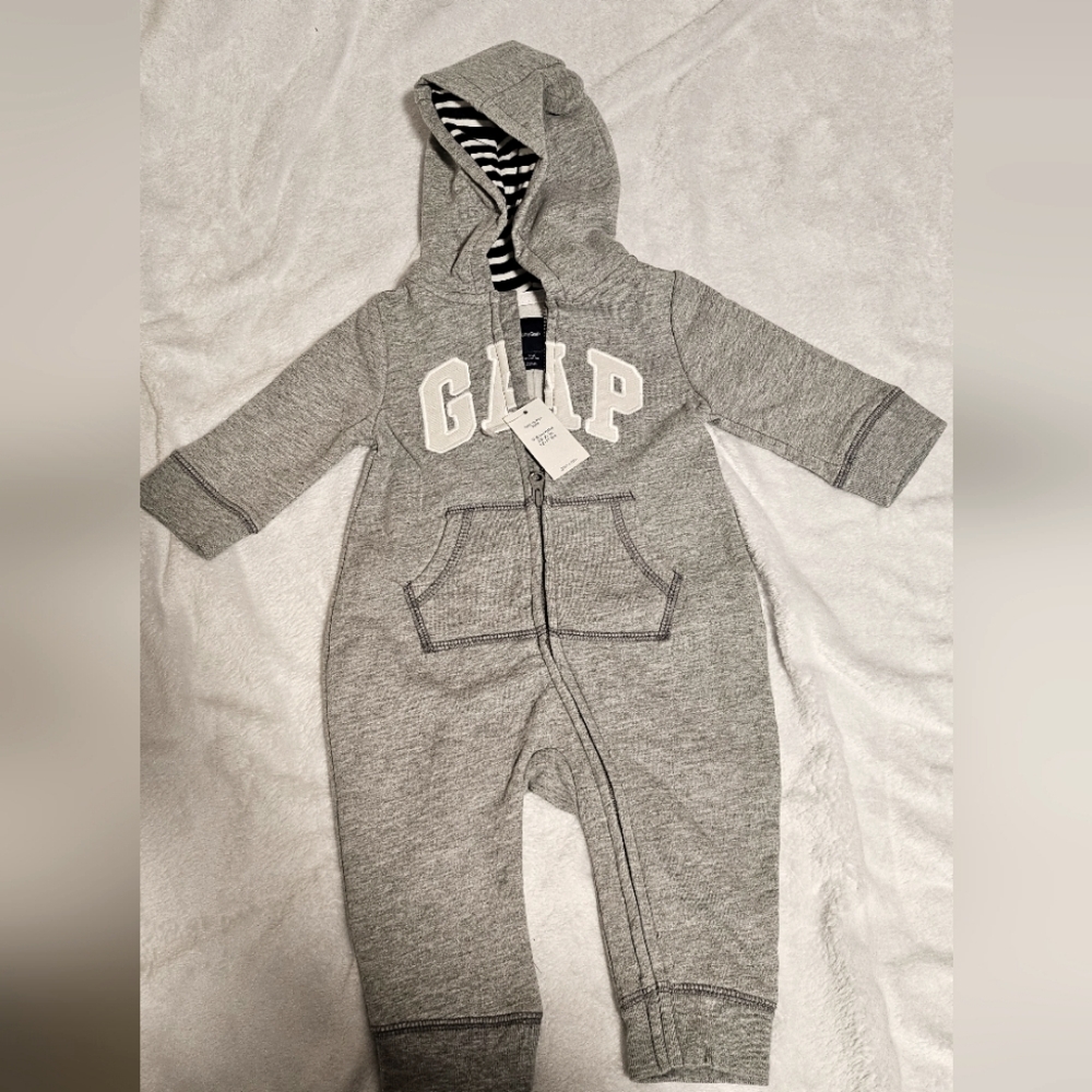 GAP Gray Baby Hooded Onesie 3-6M